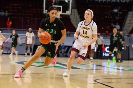 Ohio women's basketball player dribbles up court