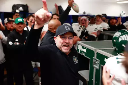 Tim Albin celebrating victory over Kent State and bowl eligibility | Nov. 6, 2024