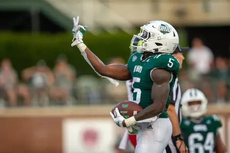 Sieh Bangura celebrating a touchdown during Ohio's Homecoming game against NIU | Oct. 18, 2025