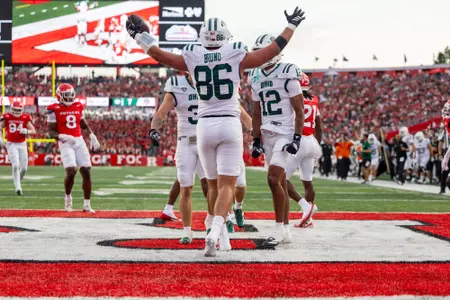 Jake Bruno celebrating touchdown against Rutgers; Aug. 28, 2025