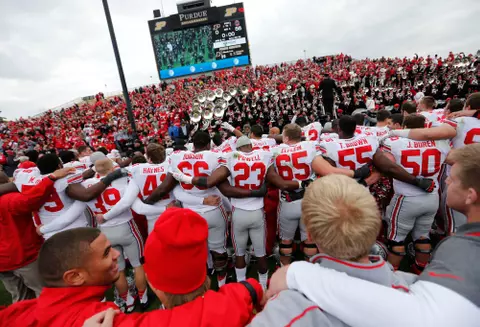Ohio State's football team sings Carmen Ohio to the marching band following their 56-0 win over Purdue during the NCAA football game at Ross-Ade Stadium in West Lafayette, Ind. on Nov. 2, 2013. (Adam Cairns / The Columbus Dispatch)