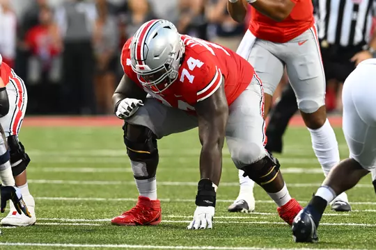 COLUMBUS, OHIO - SEPTEMBER 17: Donovan Jackson #74 of the Ohio State Buckeyes lines up prior to a play during the first quarter of a game against the Toledo Rockets at Ohio Stadium on September 17, 2022 in Columbus, Ohio. (Photo by Ben Jackson/Getty Images)