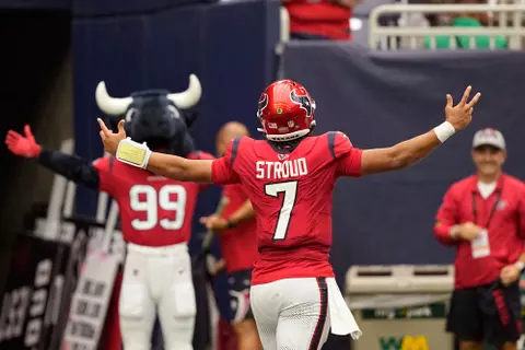 Houston Texans quarterback C.J. Stroud (7) celebrate his touchdown pass against the Pittsburgh Steelers during the second half of an NFL football game Sunday, Oct. 1, 2023, in Houston. (AP Photo/David J. Phillip)