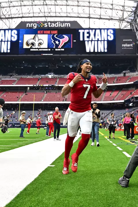 Houston Texans quarterback C.J. Stroud (7) reacts after the win against the Pittsburg Steelers of an NFL football game, Sunday, Oct 1, 2023, in Houston. (AP Photo/Maria Lysaker)