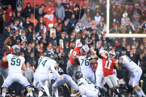 The Ohio State University football team was defeated 17-14 by Michigan State University in their last home game of the 2015 season.