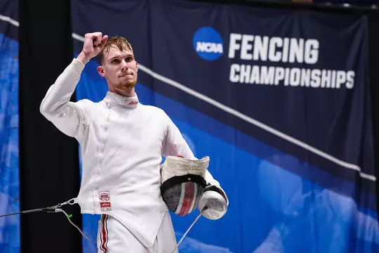 DURHAM, NC - MARCH 24: Paul Veltrup of Ohio State celebrates after the Men’s Epee semifinal bout against Mohamed Elsayed Saleh of Long Island University the in the Division I Men’s and Women’s Fencing Championships held at Cameron Indoor Stadium on March 24, 2023 in Durham, North Carolina. (Photo by Scott Taetsch/NCAA Photos via Getty Images)