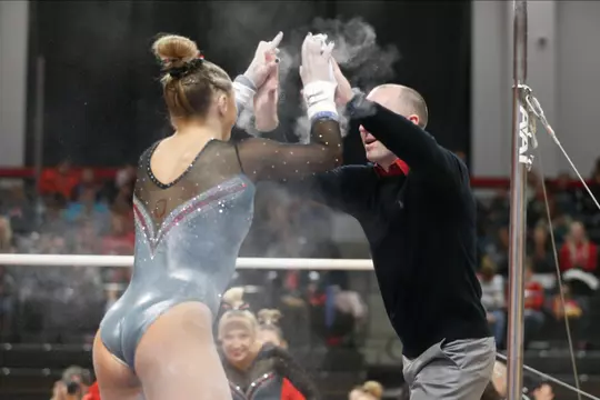 Ohio State womenÕs gymnastics vs Maryland and Central Michigan Saturday, Jan. 25, 2020, in Columbus, Ohio. (Photo/Jay LaPrete)