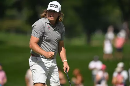 Neal Shipley reacts to making his putt on hole 15 during the final match of the 2023 U.S. Amateur at Cherry Hills C.C. in Cherry Hills Village, Colo. on Sunday, Aug. 20, 2023. (Kathryn Riley/USGA)