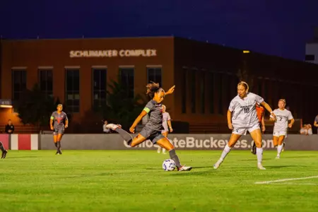 Sydney Jones crossing the ball, Ohio State Women's Soccer