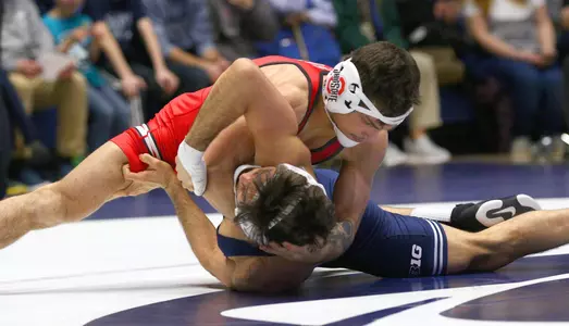 No. 6 Ohio State wrestling against No. 1 Penn State at Rec Hall at University Park, Pa., on Feb. 2, 2024.    Photo/Craig Houtz