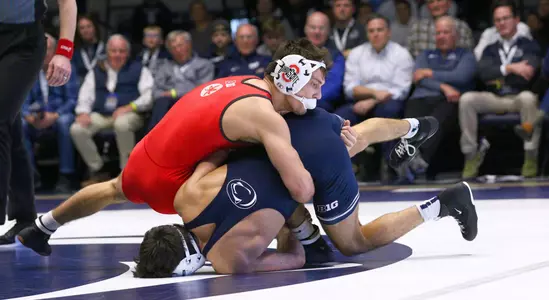 No. 6 Ohio State wrestling against No. 1 Penn State at Rec Hall at University Park, Pa., on Feb. 2, 2024.    Photo/Craig Houtz