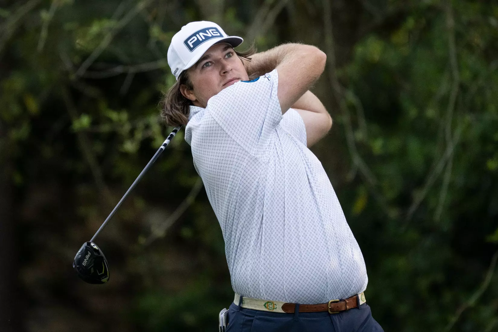 Amateur Neal Shipley of the United States plays a stroke from the No. 2 tee during the second round of the 2024 Masters Tournament at Augusta National Golf Club, Friday, April 12, 2024.