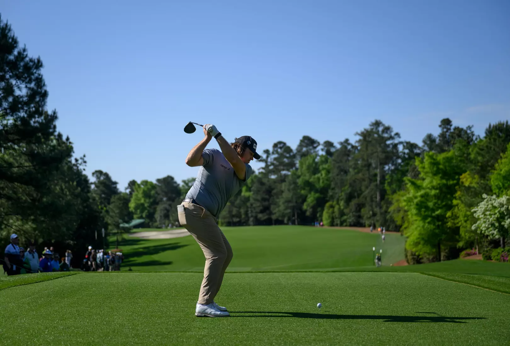 Amateur Neal Shipley of the United States plays a stroke from the No. 5 tee during practice round 1 prior to the start of the 2024 Masters Tournament at Augusta National Golf Club, Monday, April 8, 2024.