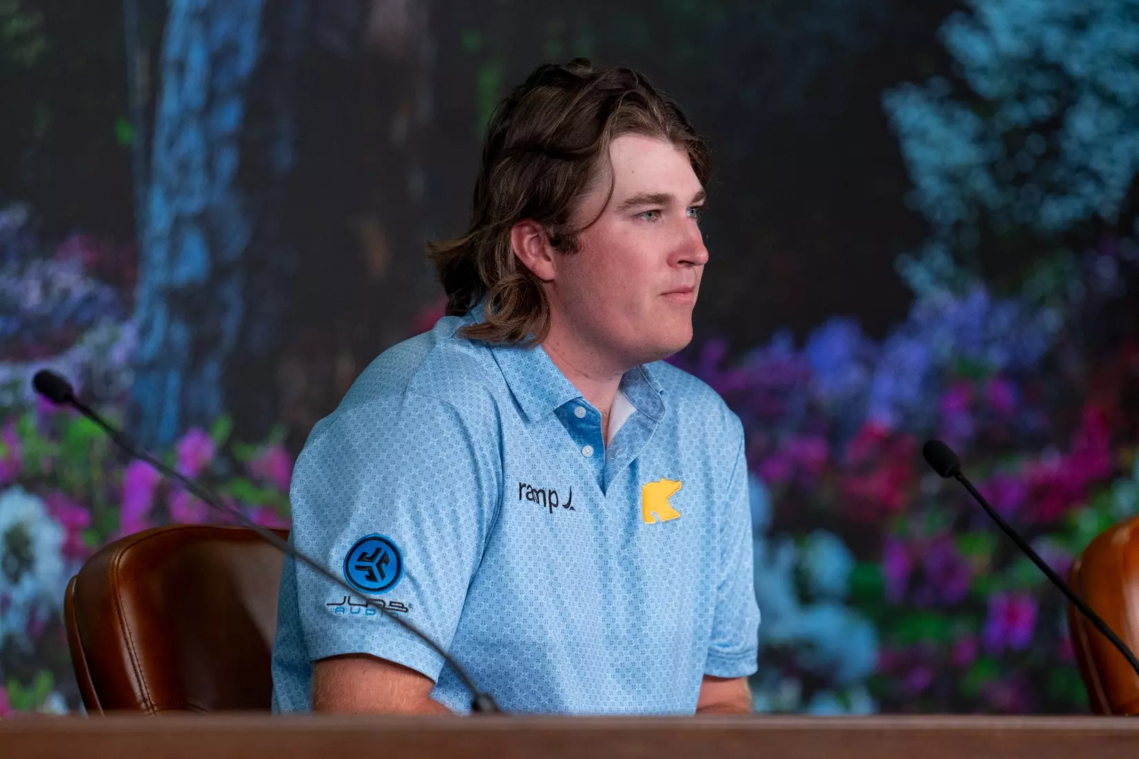 Amateur Neal Shipley of the United States speaks to the media during a press conference after his final round of the 2024 Masters Tournament at Augusta National Golf Club, Sunday, April 14, 2024.