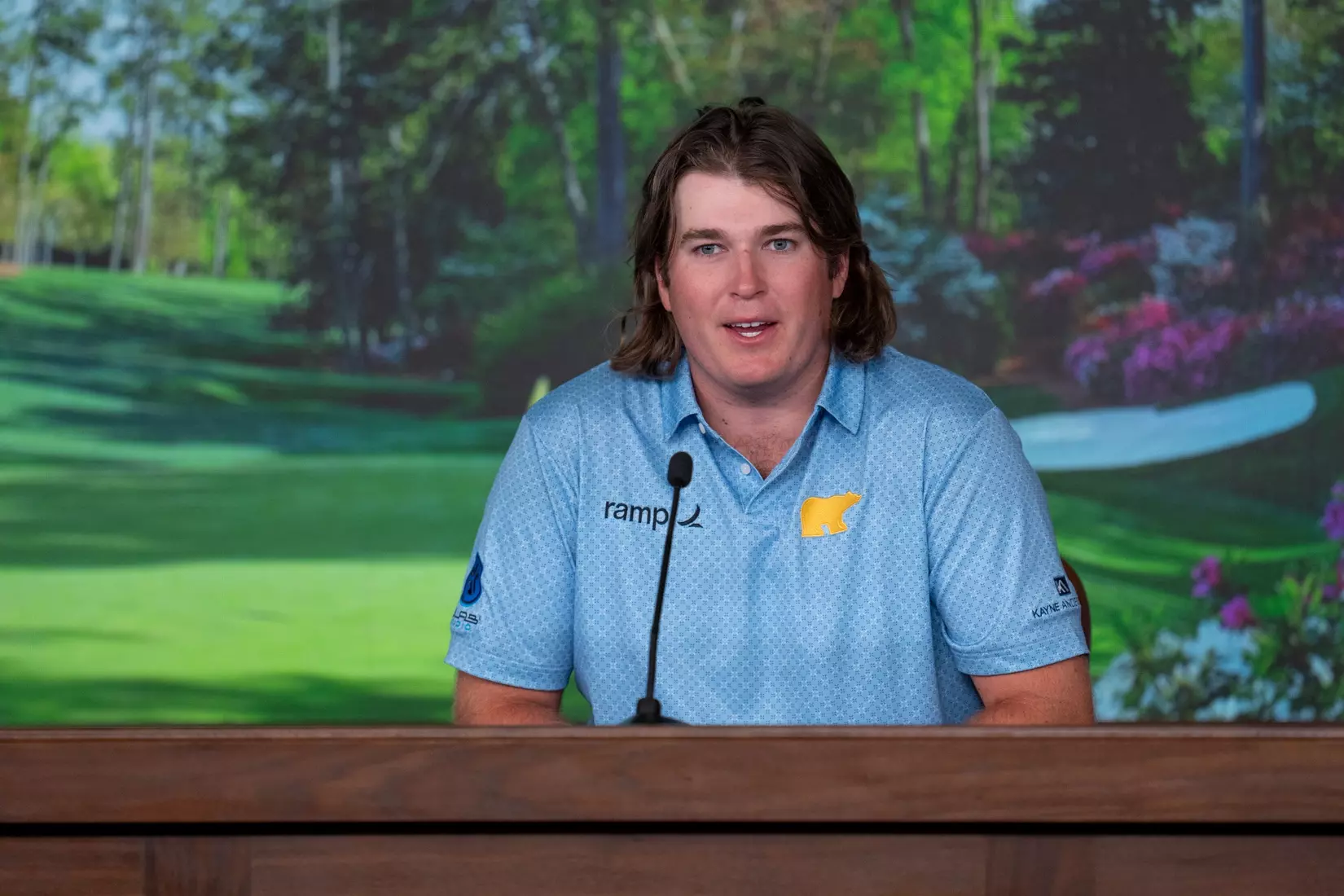 Amateur Neal Shipley of the United States speaks to the media during a press conference after his final round of the 2024 Masters Tournament at Augusta National Golf Club, Sunday, April 14, 2024.