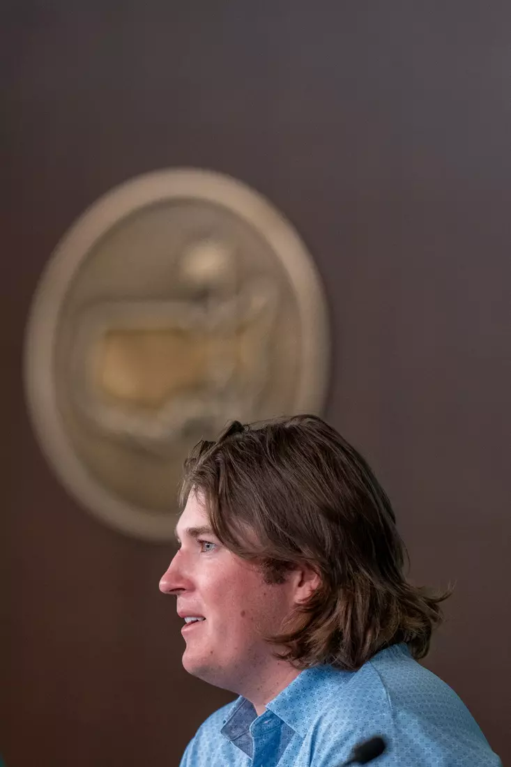 Amateur Neal Shipley of the United States speaks to the media during a press conference after his final round of the 2024 Masters Tournament at Augusta National Golf Club, Sunday, April 14, 2024.