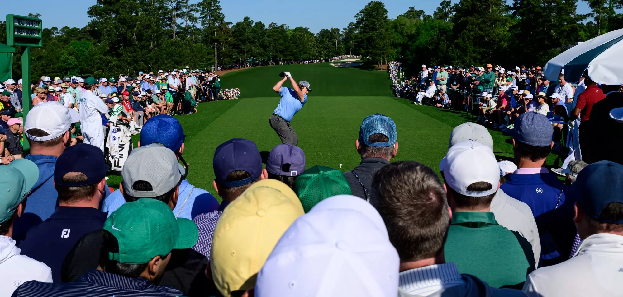 Amateur Neal Shipley of the United States plays a stroke from the No. 1 tee during the final round of the 2024 Masters Tournament at Augusta National Golf Club, Sunday, April 14, 2024.