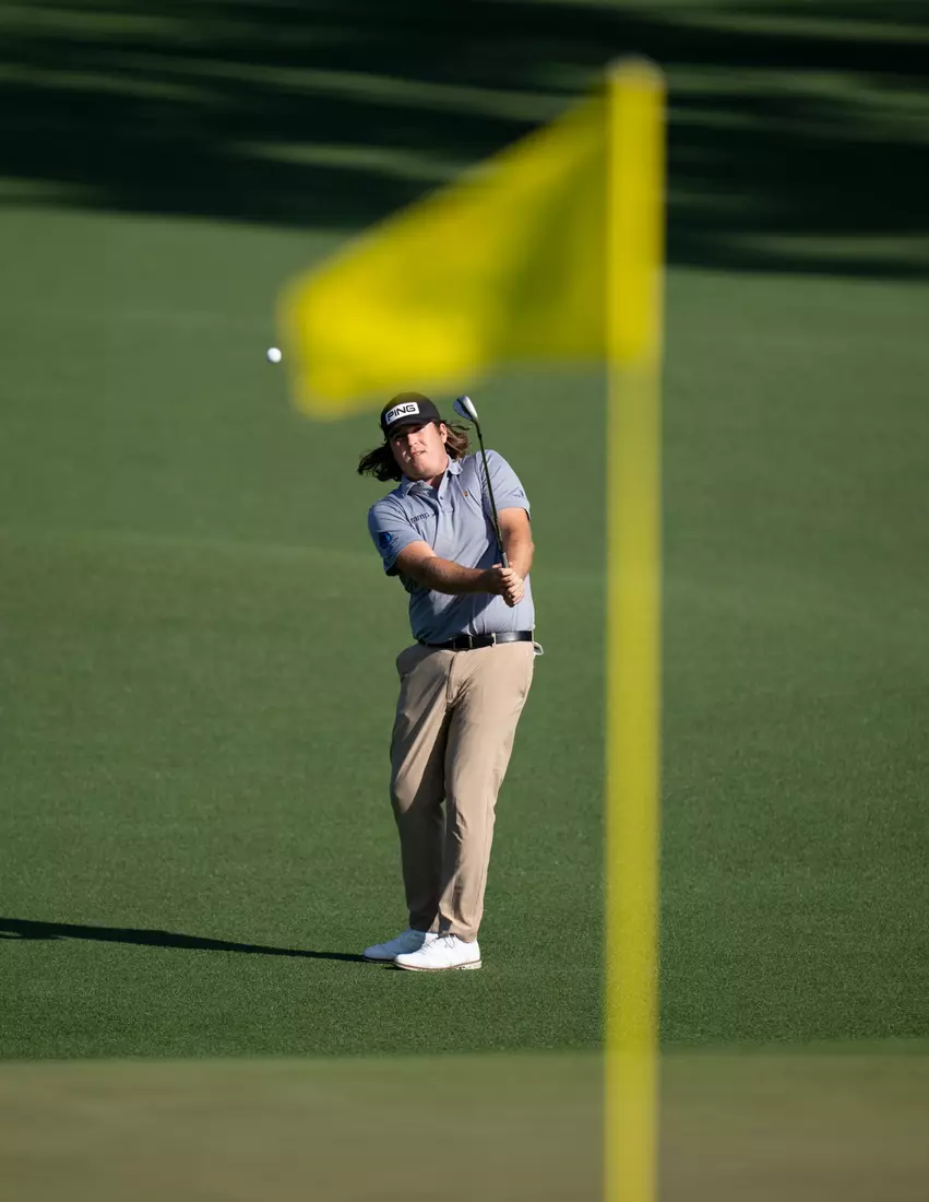 Amateur Neal Shipley of the United States chips to the No. 2 green during practice round 1 prior to the start of the 2024 Masters Tournament at Augusta National Golf Club, Monday, April 8, 2024.