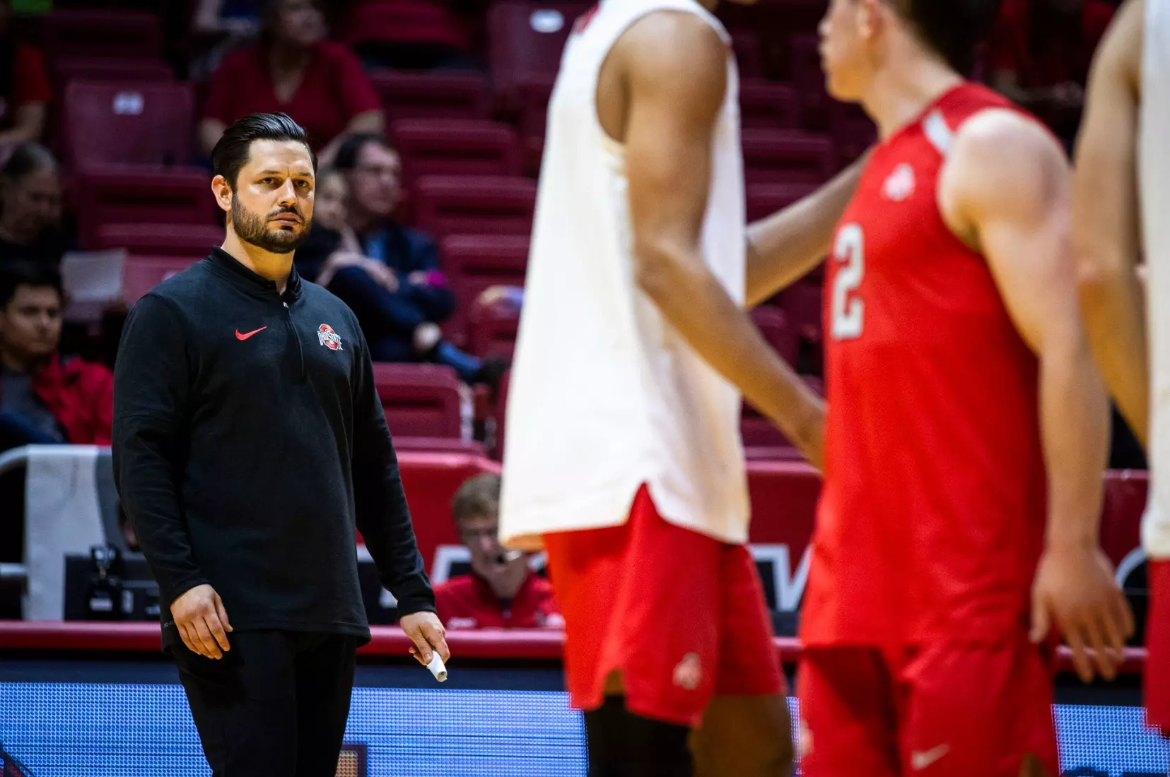 The Ohio State Buckeyes compete against the Loyola Chicago Rambers in the MIVA seminfinals at Worthern Arena in Muncie, Indiana on April 18, 2024. Photo by Bobby Ellis