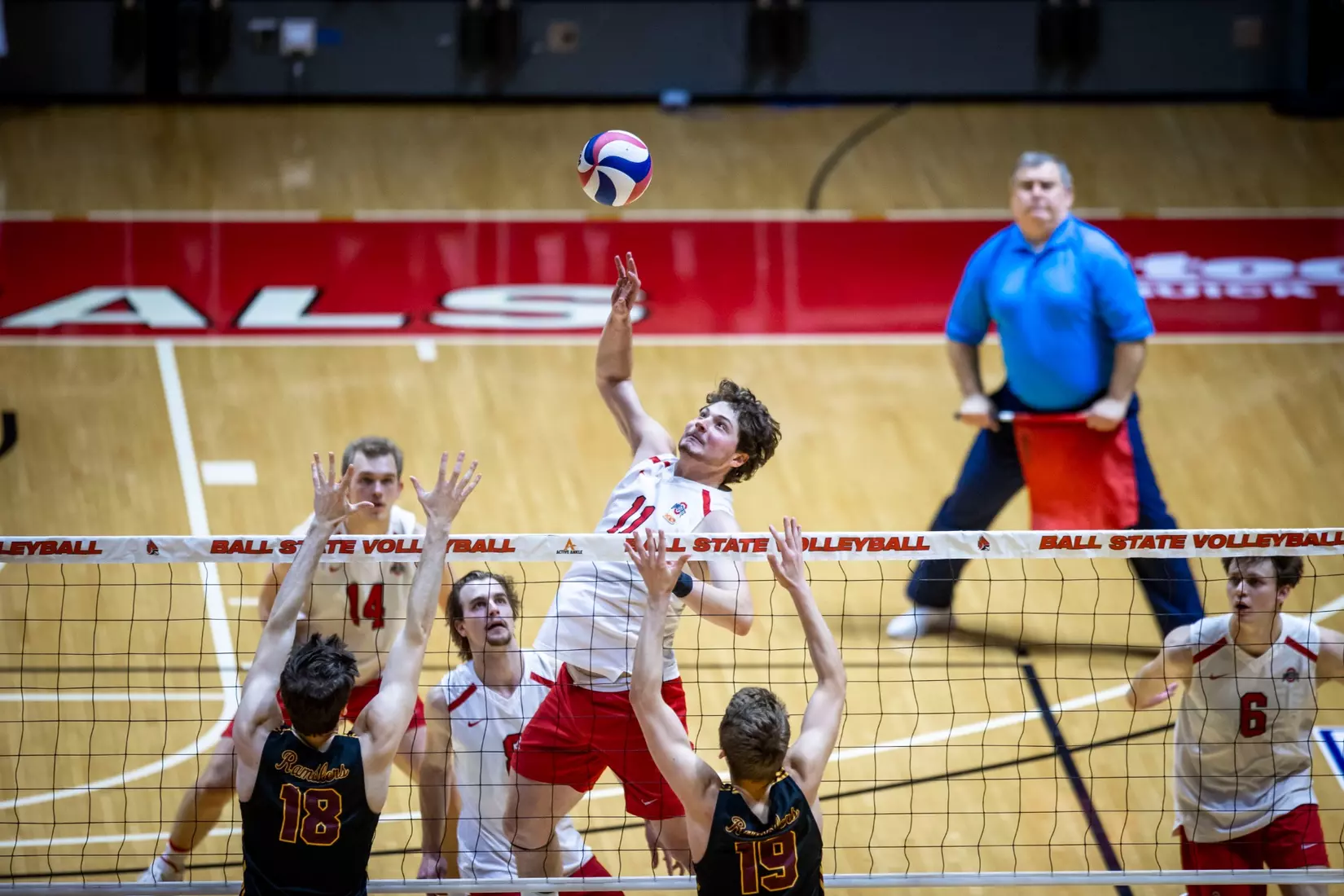 The Ohio State Buckeyes compete against the Loyola Chicago Rambers in the MIVA seminfinals at Worthern Arena in Muncie, Indiana on April 18, 2024. Photo by Bobby Ellis