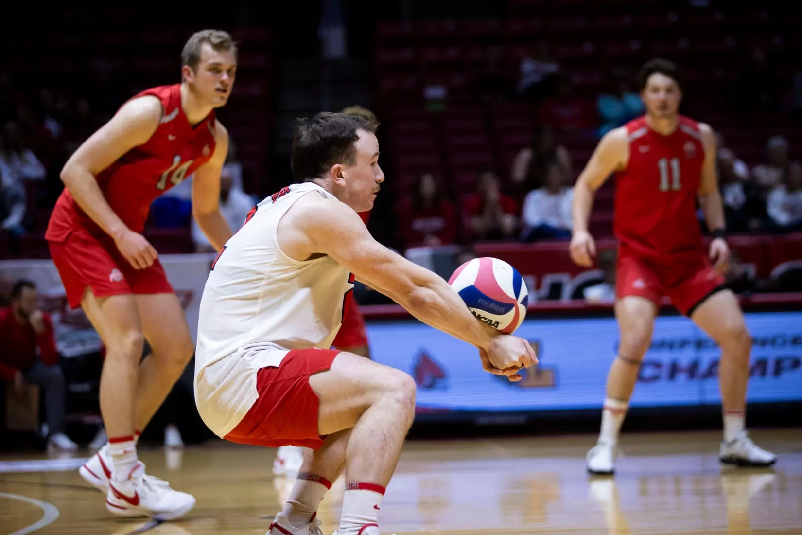 The Ohio State men's volleyball team competes against Lindenwood University during the MIVA Championship game at Worthen Arena in Muncie, Indiana on April 20, 2024 Photo by Bobby Ellis.