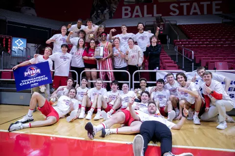 The Ohio State men's volleyball team competes against Lindenwood University during the MIVA Championship game at Worthen Arena in Muncie, Indiana on April 20, 2024 Photo by Bobby Ellis.