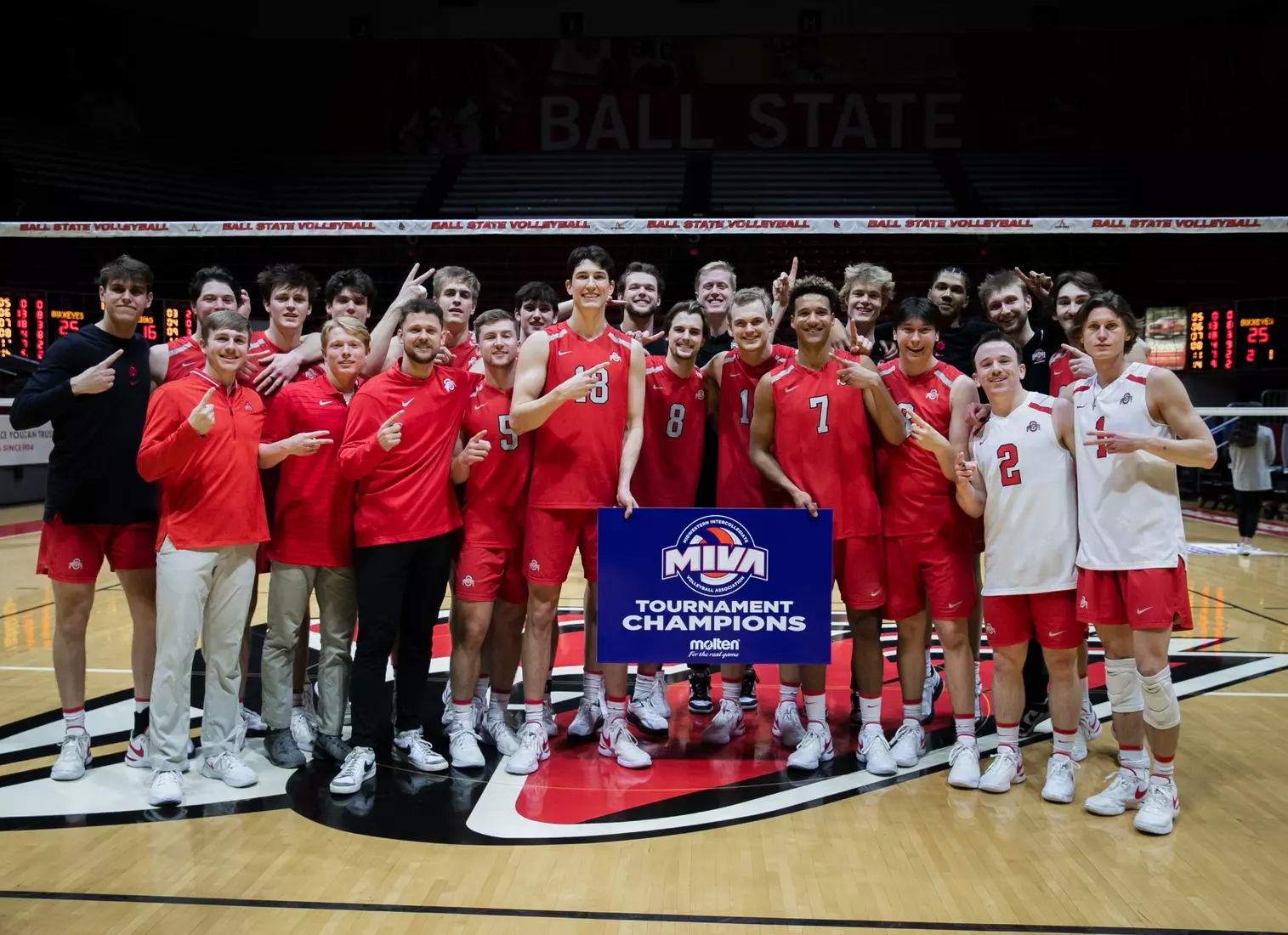 The Ohio State men's volleyball team competes against Lindenwood University during the MIVA Championship game at Worthen Arena in Muncie, Indiana on April 20, 2024 Photo by Bobby Ellis.