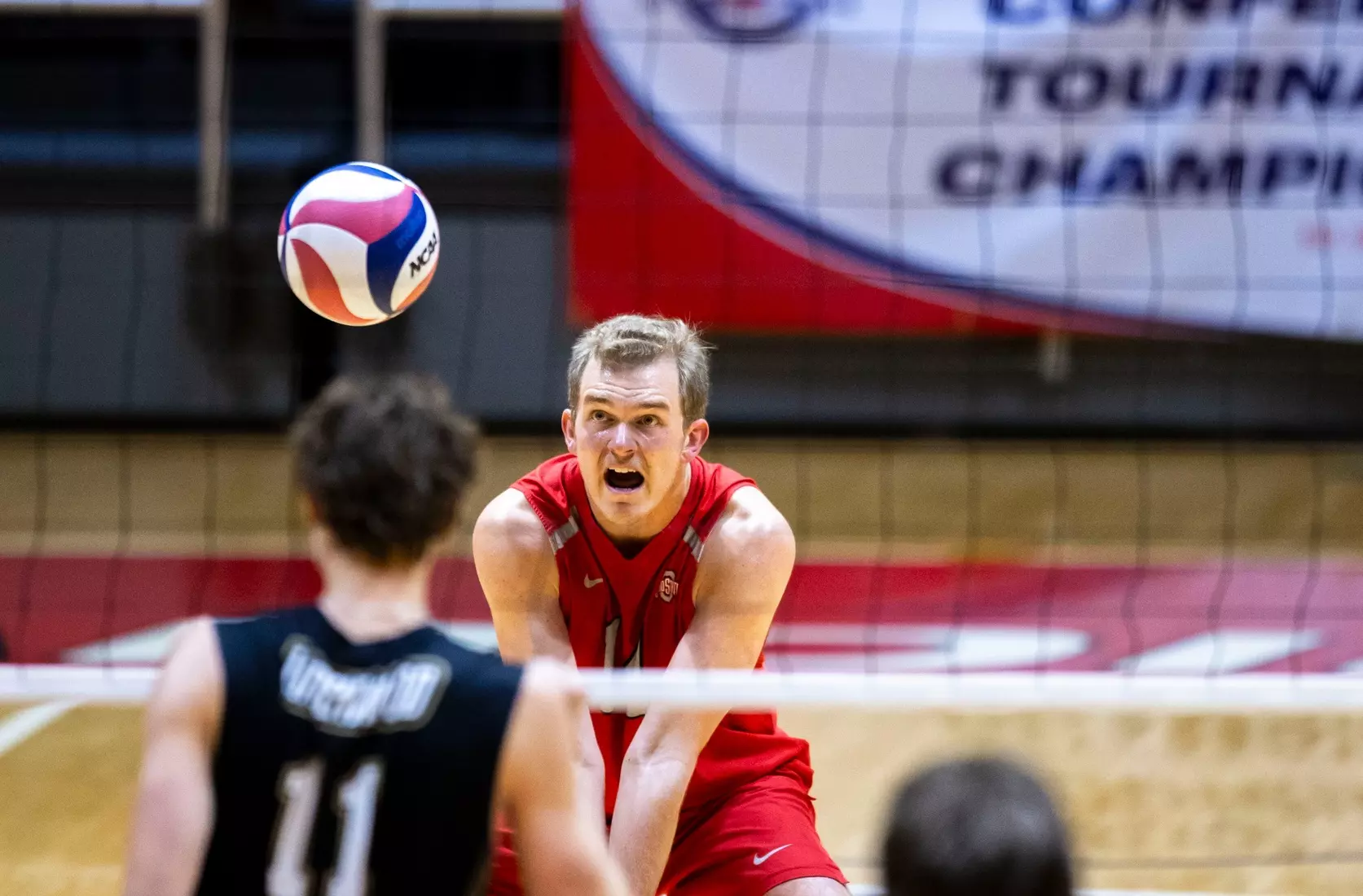 The Ohio State men's volleyball team competes against Lindenwood University during the MIVA Championship game at Worthen Arena in Muncie, Indiana on April 20, 2024 Photo by Bobby Ellis.
