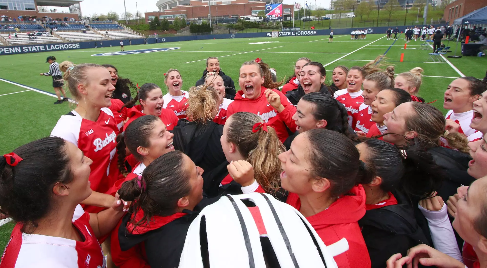 Ohio State huddles before their game against Penn State during the 2024 Big Ten Women's Lacrosse Tournament quarterfinal game on April 27, 2024 in University Park, Pa. No. 7 seed Ohio State fell to No. 2 seed Penn State, 13-15. Photo/Craig Houtz