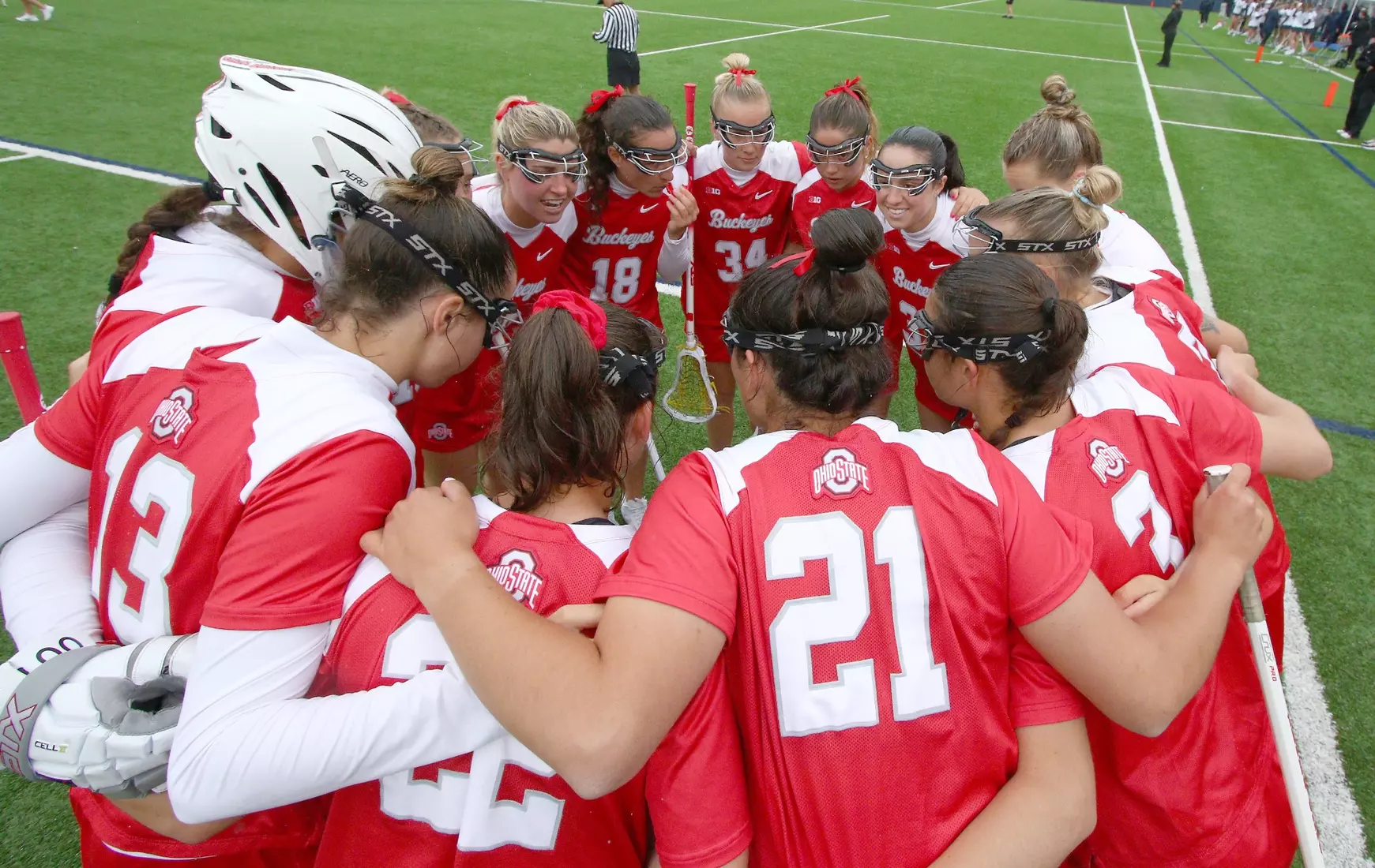 Ohio State starters huddle before their game against Penn State during the 2024 Big Ten Women's Lacrosse Tournament quarterfinal game on April 27, 2024 in University Park, Pa. No. 7 seed Ohio State fell to No. 2 seed Penn State, 13-15. Photo/Craig Houtz