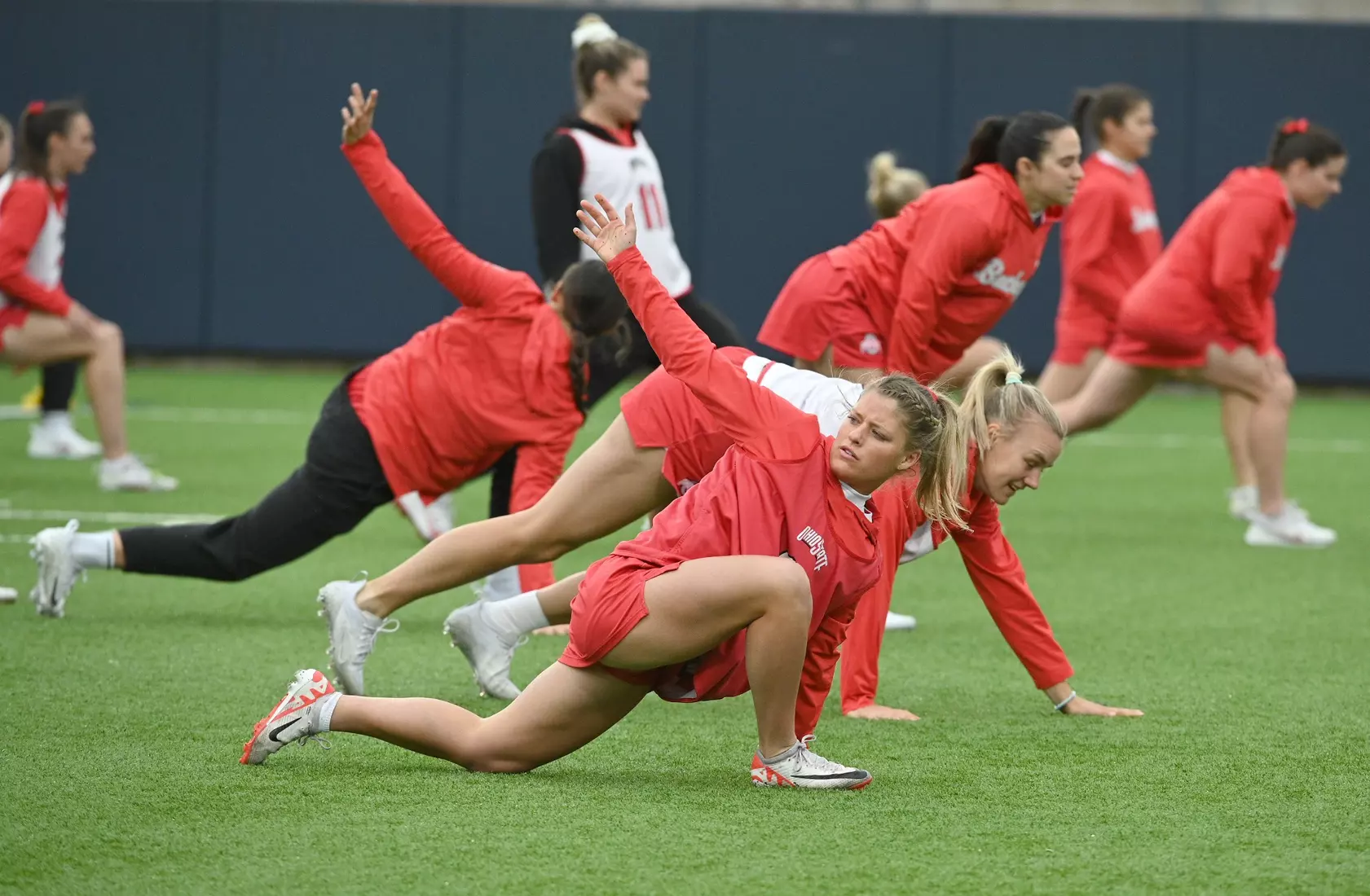 Ohio State's Kampbell Stone (9) warms up against Penn State during the 2024 Big Ten Women's Lacrosse Tournament quarterfinal game on April 27, 2024 in University Park, Pa. No. 7 seed Ohio State No. 2 seed Penn State. Photo/Craig Houtz