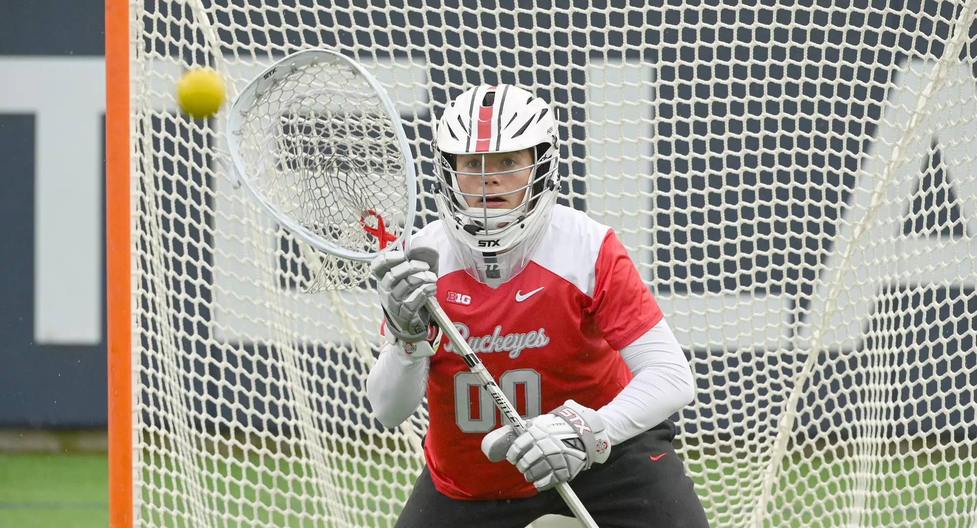 Ohio State's Regan Alexander (00) warms up against Penn State during the 2024 Big Ten Women's Lacrosse Tournament quarterfinal game on April 27, 2024 in University Park, Pa. No. 7 seed Ohio State No. 2 seed Penn State. Photo/Craig Houtz