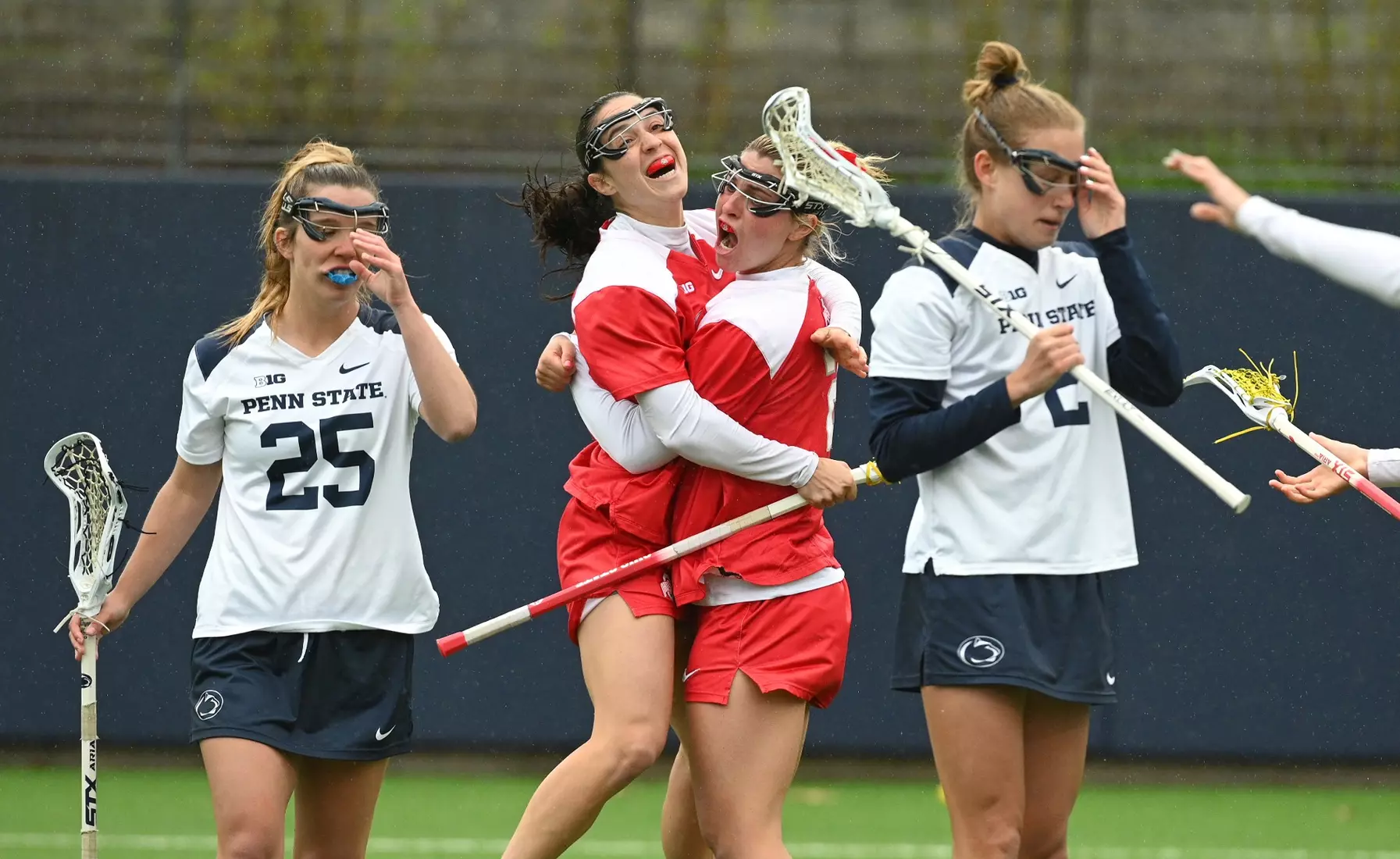 Ohio State's Emily Magalotti (2) celebrates her goal against Penn State during the 2024 Big Ten Women's Lacrosse Tournament quarterfinal game on April 27, 2024 in University Park, Pa. No. 7 seed Ohio State No. 2 seed Penn State. Photo/Craig Houtz