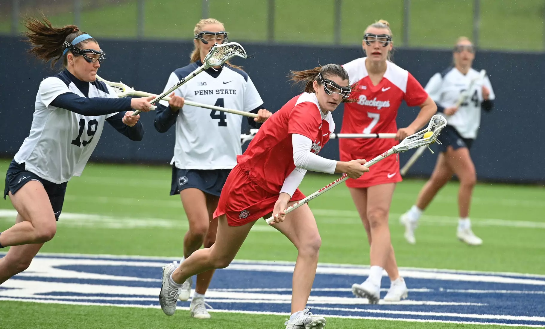 Ohio State's Maeve Simonds (6) against Penn State during the 2024 Big Ten Women's Lacrosse Tournament quarterfinal game on April 27, 2024 in University Park, Pa. No. 7 seed Ohio State No. 2 seed Penn State. Photo/Craig Houtz
