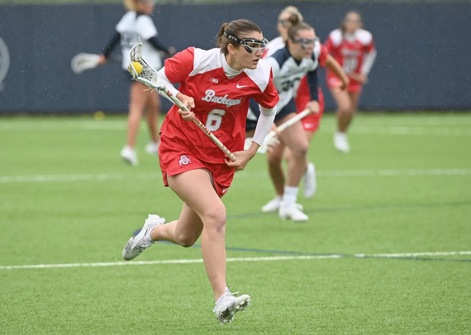Ohio State's Maeve Simonds (6) against Penn State during the 2024 Big Ten Women's Lacrosse Tournament quarterfinal game on April 27, 2024 in University Park, Pa. No. 7 seed Ohio State No. 2 seed Penn State. Photo/Craig Houtz
