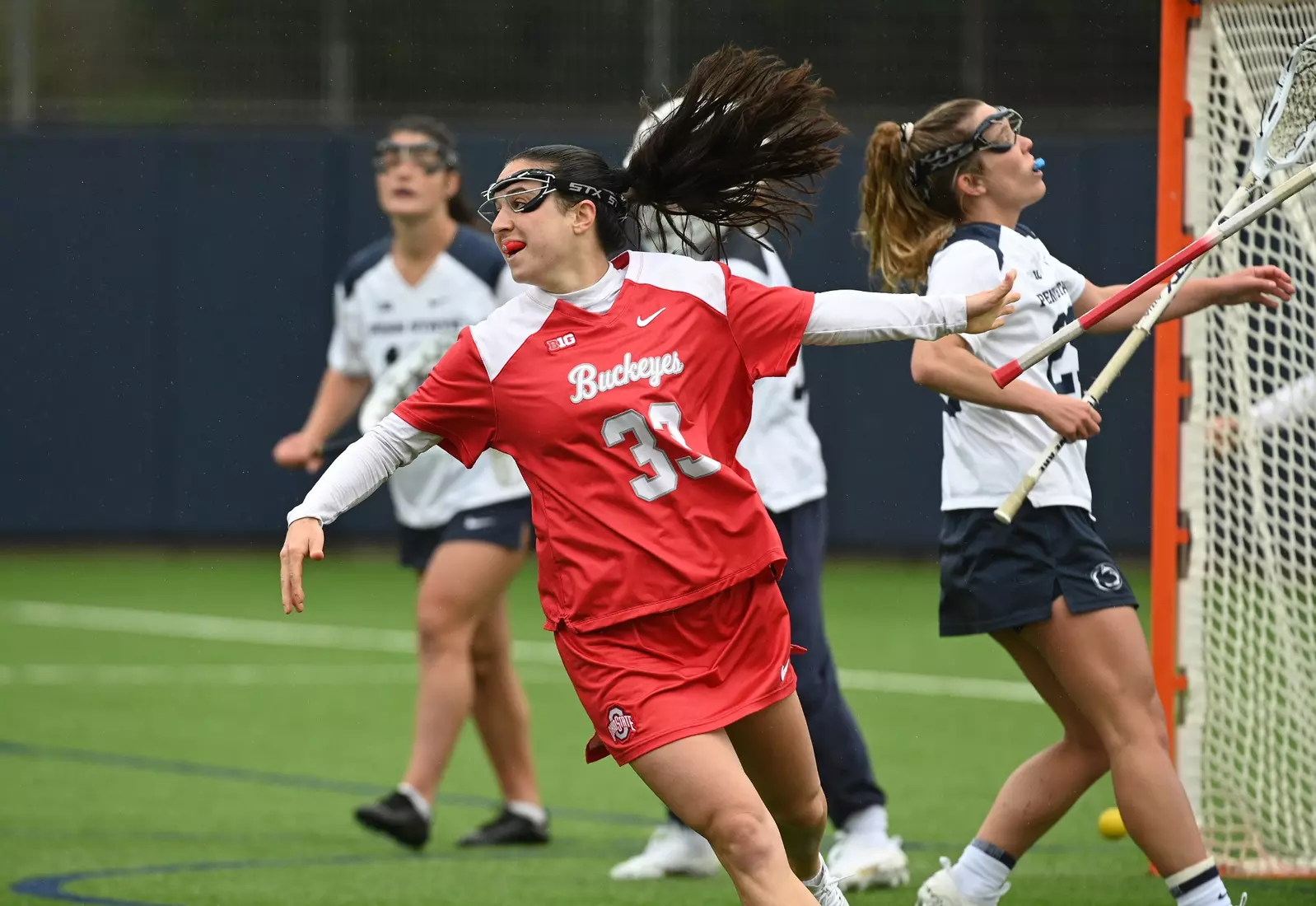Ohio State's Leah Sax (33) celebrates her goal against Penn State during the 2024 Big Ten Women's Lacrosse Tournament quarterfinal game on April 27, 2024 in University Park, Pa. No. 7 seed Ohio State No. 2 seed Penn State. Photo/Craig Houtz