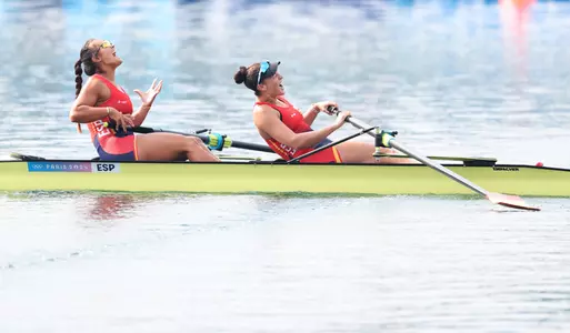 PARIS, FRANCE - AUGUST 02: Aina Cid I Centelles and Esther Briz Zamorano of Team Spain celebrate winning the Women's Pair Final B on day seven of the Olympic Games Paris 2024 at Vaires-Sur-Marne Nautical Stadium on August 02, 2024 in Paris, France. (Photo by Alex Davidson/Getty Images)