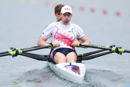 PARIS, FRANCE - JULY 27: Sorin Koszyk and Ben Davison of Team United States compete on the Men’s Double Sculls Heat during day one of the Olympic Games Paris 2024 at Vaires-Sur-Marne Nautical Stadium on July 27, 2024 in Paris, France. (Photo by Justin Setterfield/Getty Images)