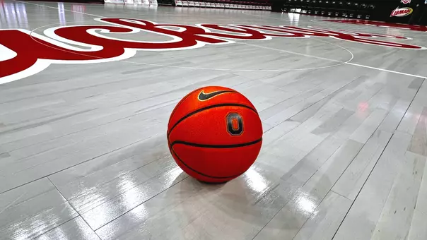 Basketball on court at the Schottenstein Center