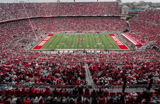 Wide shot of Ohio Stadium full for Maryland game.