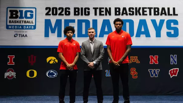 Jake Diebler, John Mobley Jr., and Amare Bynum at 2026 Big Ten Basketball Media Day