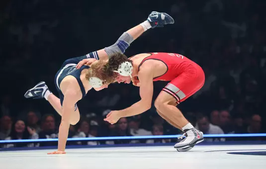 Ohio StateÕs Jesse Mendez against Penn StateÕs Braeden Davis during their 141 pound bout
at the Bryce Jordan Center in State College, Pa., on Feb. 13, 2026. Photo/Craig Houtz