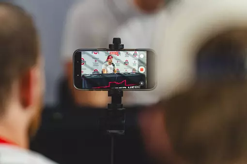 Ohio State Football Player Talks with Media After Practice