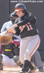 Cowgirl catcher Sam Heinlein knocked in the only OSU run against Cal on Sunday.