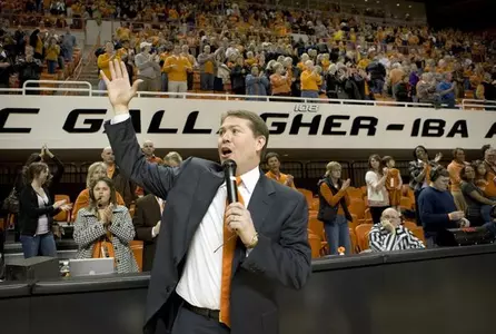 Travis Ford addresses the crowd