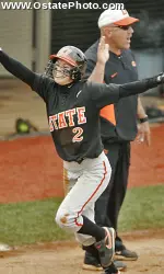 Mariah Gearhart celebrates after hitting a two-run home run against Texas Tech on Sunday. It was her second home run of the season.