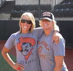 Former Cowgirls Casey O'Neill (left) and Sheryl Anderson (right) during the Softball Alumni Weekend.