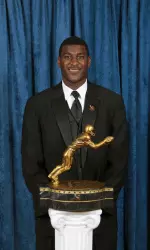 Justin Blackmon with the Biletnikoff Award trophy.