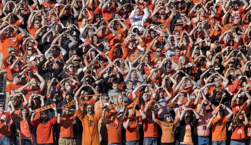 Oklahoma State Cowboys fans before the game against the Kansas Jayhawks at Boone Pickens Stadium. Mandatory Credit: Richard Rowe-USA TODAY Sports