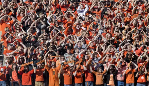 Oklahoma State Cowboys fans before the game against the Kansas Jayhawks at Boone Pickens Stadium. Mandatory Credit: Richard Rowe-USA TODAY Sports